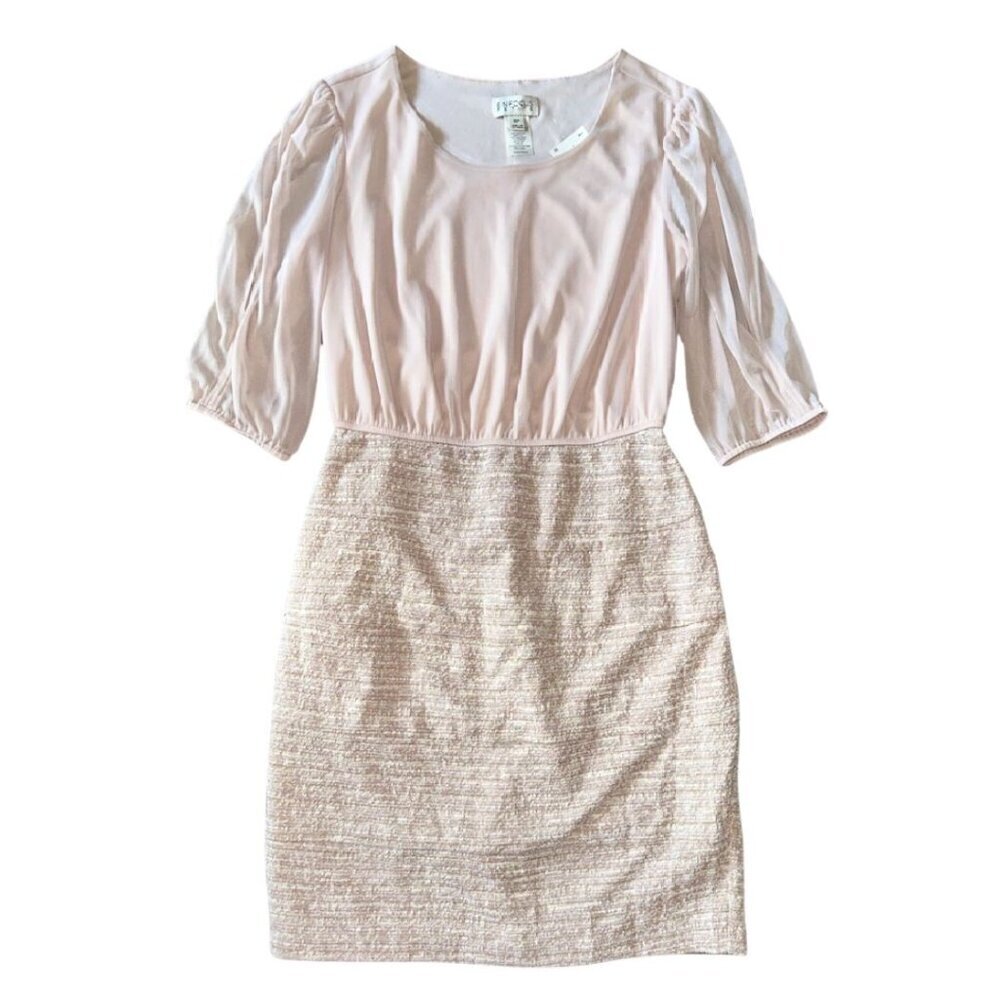 Enfocus Studio Dress Womens 8 Petite Beige Split Sheer Elastic 3/4 Sleeve